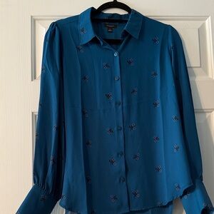 Ann Taylor Teal Button-Down Shirt with Floral Accents